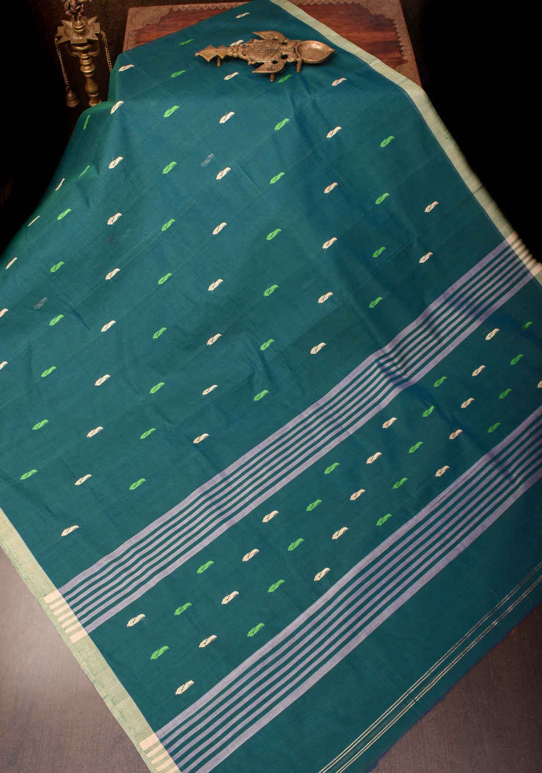 Kenaf Cotton Vegan Handloom Saree in Teal with Meenakari Resham Buttas and Minimal Border (No Blouse Piece)