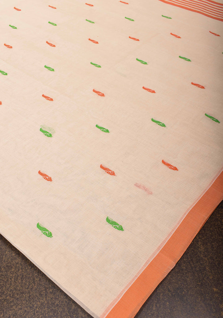 Kenaf Cotton Vegan Handloom Saree in Beige with Meenakari Resham Buttas and Minimal Border (No Blouse Piece)
