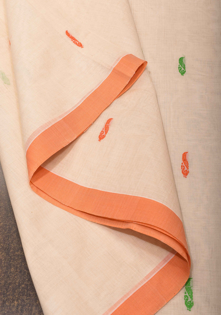 Kenaf Cotton Vegan Handloom Saree in Beige with Meenakari Resham Buttas and Minimal Border (No Blouse Piece)