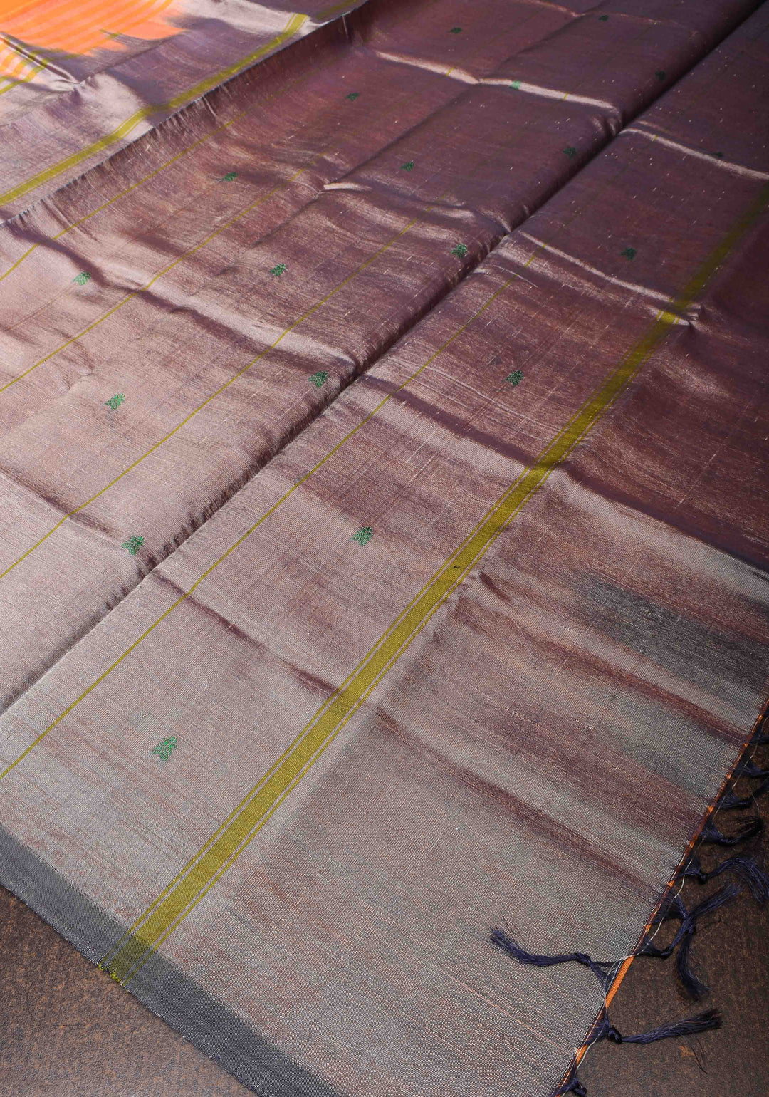 Vegan Silk Handloom Saree in Orange with resham buttas and Gray Contrast Pallu , No Blouse piece