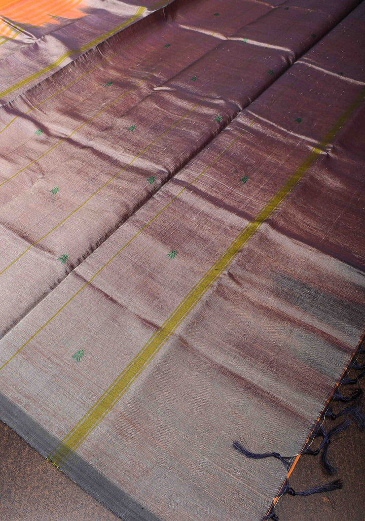 Vegan Silk Handloom Saree in Orange with resham buttas and Gray Contrast Pallu , No Blouse piece