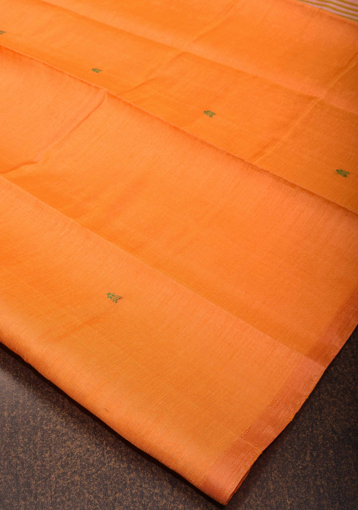 Vegan Silk Handloom Saree in Orange with resham buttas and Gray Contrast Pallu , No Blouse piece