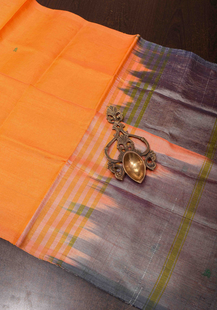 Vegan Silk Handloom Saree in Orange with resham buttas and Gray Contrast Pallu , No Blouse piece
