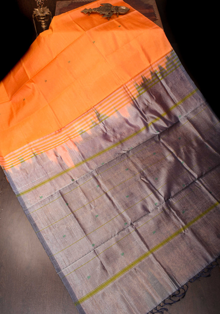 Vegan Silk Handloom Saree in Orange with resham buttas and Gray Contrast Pallu , No Blouse piece