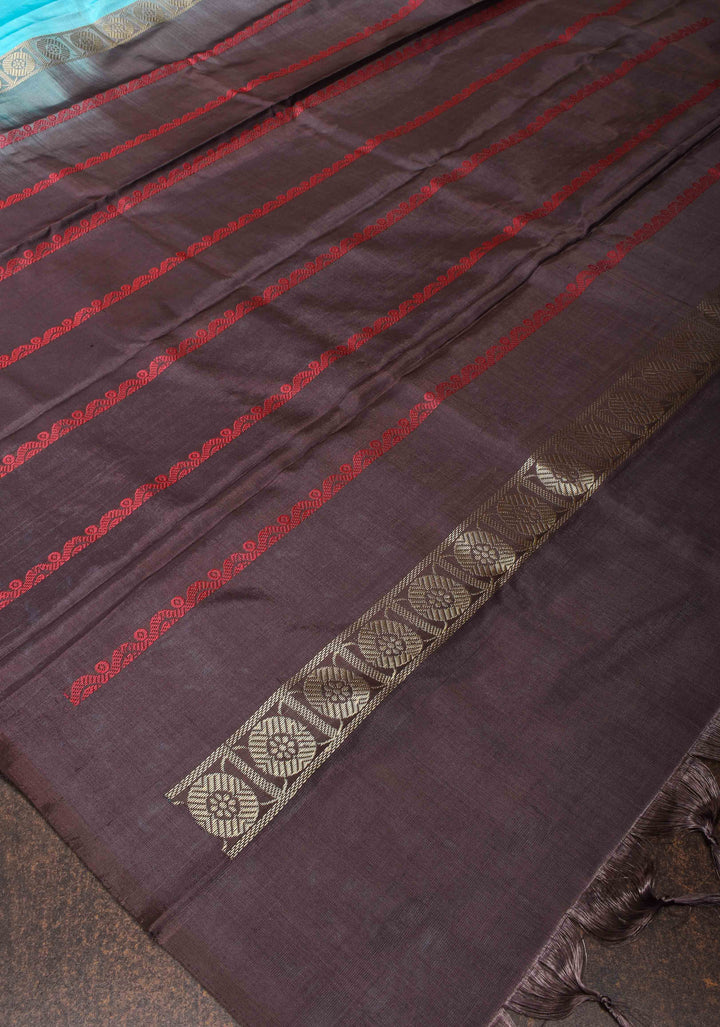 Vegan Silk Handloom Saree in Light Blue with black contrast pallu , No Blouse piece