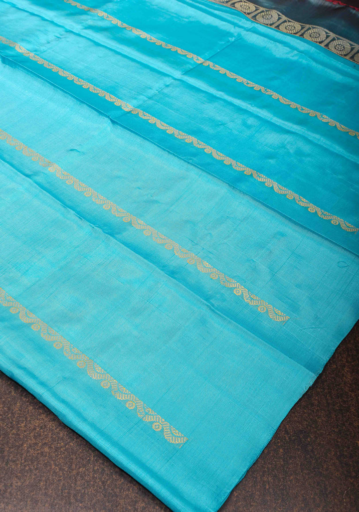Vegan Silk Handloom Saree in Light Blue with black contrast pallu , No Blouse piece