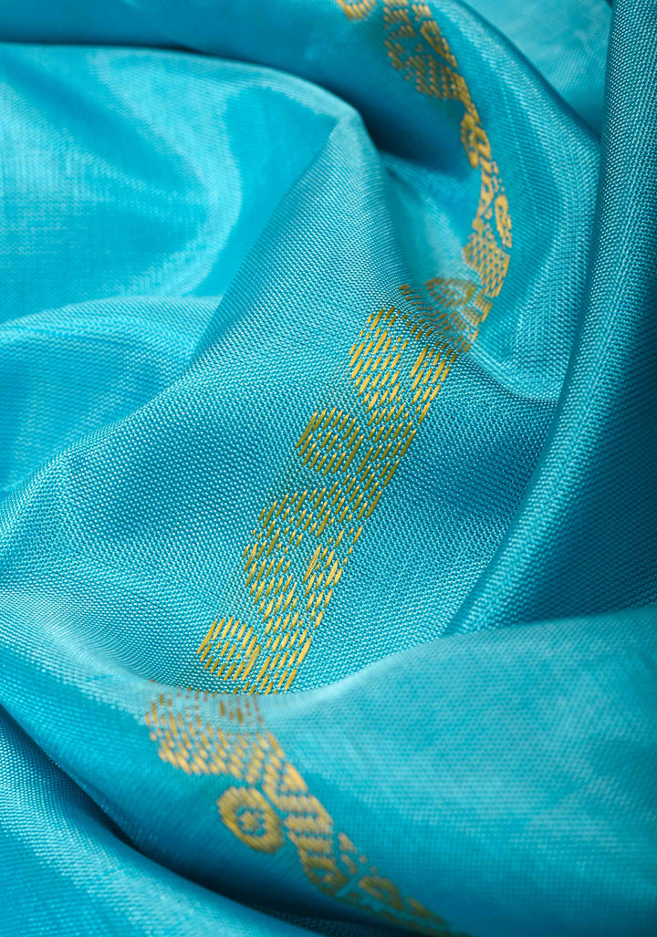 Vegan Silk Handloom Saree in Light Blue with black contrast pallu , No Blouse piece
