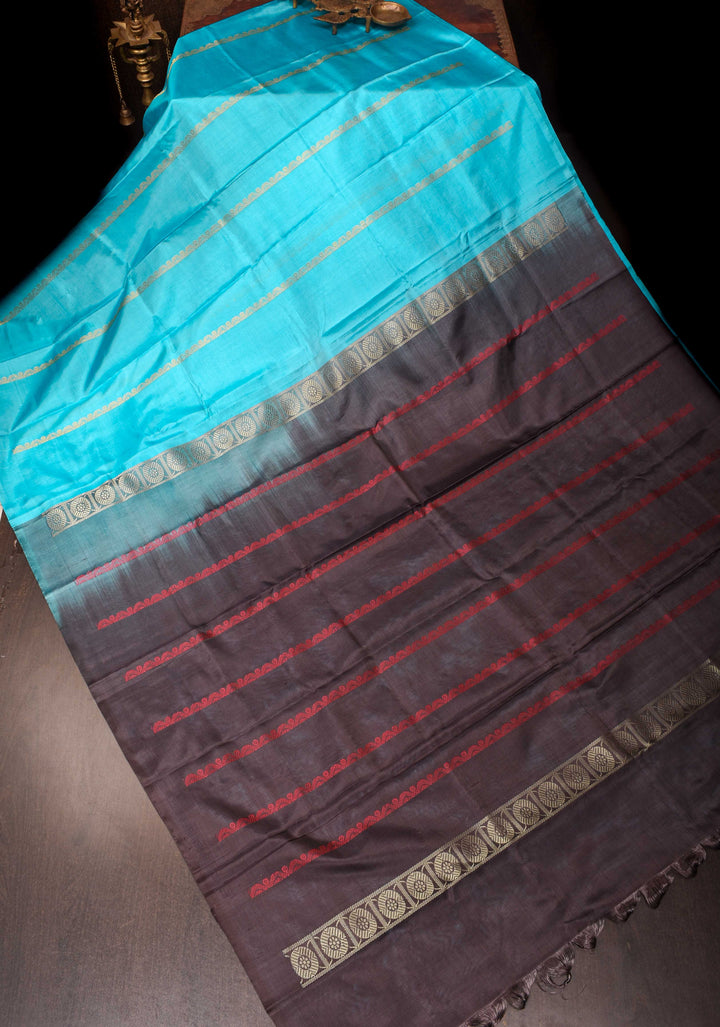 Vegan Silk Handloom Saree in Light Blue with black contrast pallu , No Blouse piece