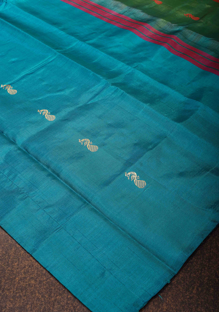 Vegan Silk Handloom Saree in peacock blue with Green Contrast, No Blouse piece