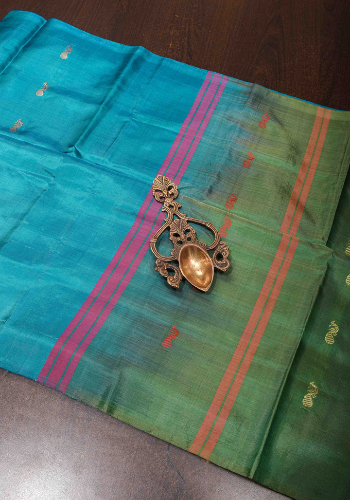 Vegan Silk Handloom Saree in peacock blue with Green Contrast, No Blouse piece