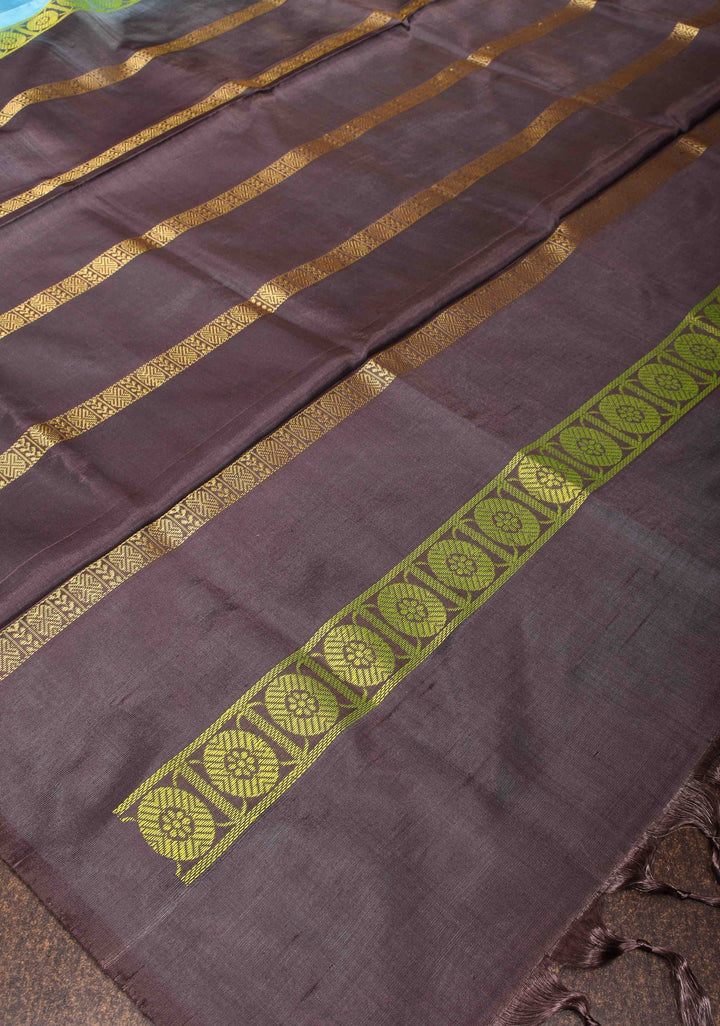 Vegan Silk Handloom Saree in Aqua Blue with Resham Stripes and Contrast Pallu, No Blouse piece
