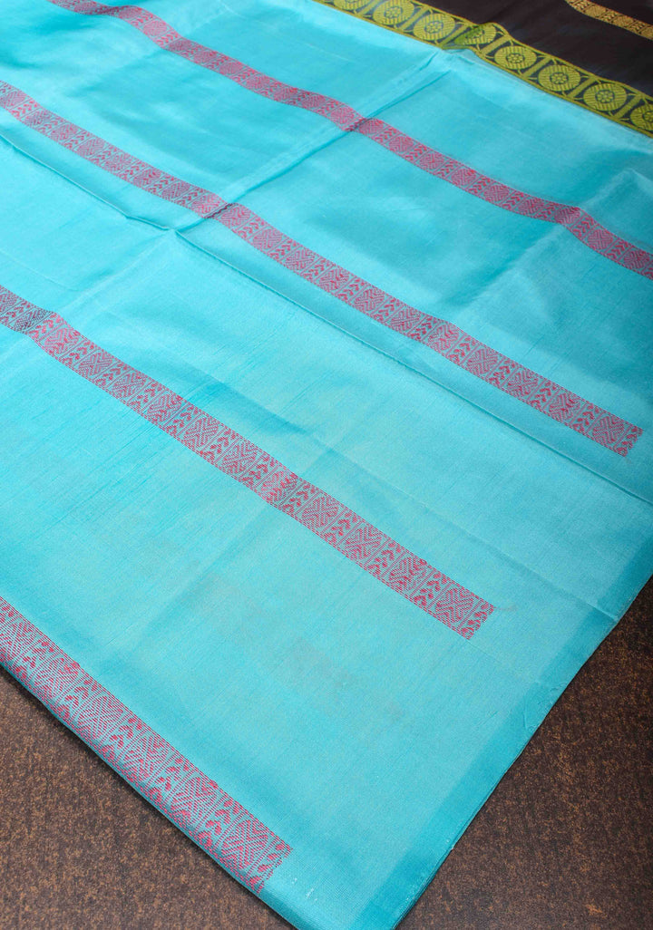 Vegan Silk Handloom Saree in Aqua Blue with Resham Stripes and Contrast Pallu, No Blouse piece
