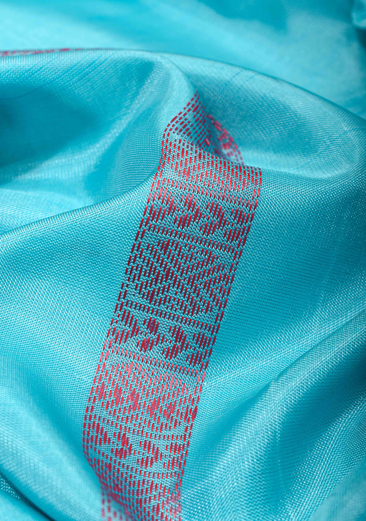Vegan Silk Handloom Saree in Aqua Blue with Resham Stripes and Contrast Pallu, No Blouse piece