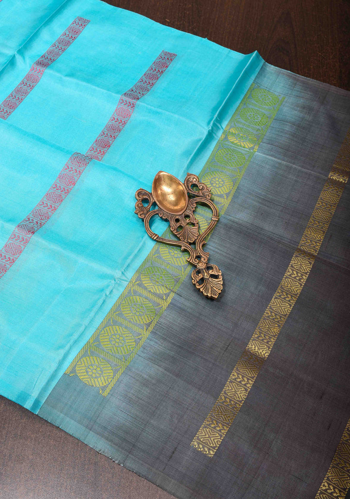 Vegan Silk Handloom Saree in Aqua Blue with Resham Stripes and Contrast Pallu, No Blouse piece