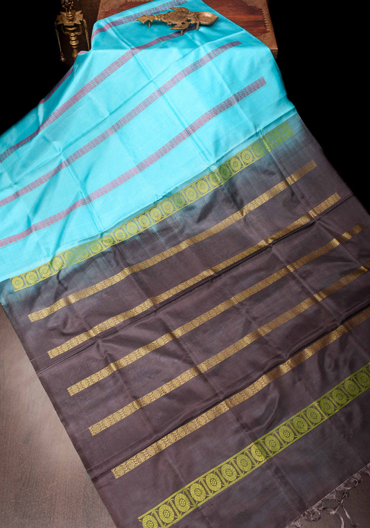Vegan Silk Handloom Saree in Aqua Blue with Resham Stripes and Contrast Pallu, No Blouse piece