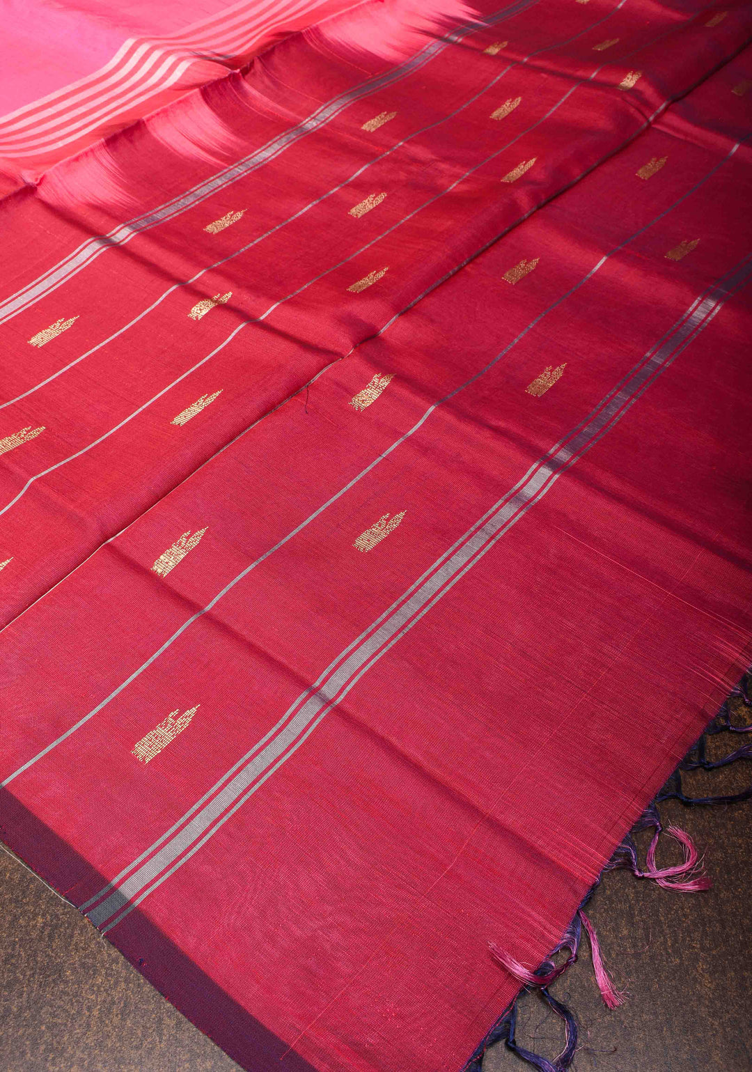 Vegan Silk Handloom Saree in Amaranth Pink with Resham Buttas and Contrast Pallu, No Blouse piece