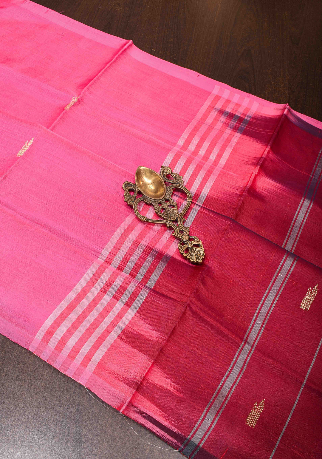 Vegan Silk Handloom Saree in Amaranth Pink with Resham Buttas and Contrast Pallu, No Blouse piece