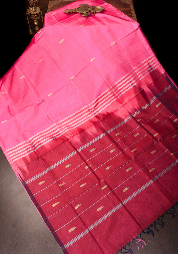 Vegan Silk Handloom Saree in Amaranth Pink with Resham Buttas and Contrast Pallu, No Blouse piece