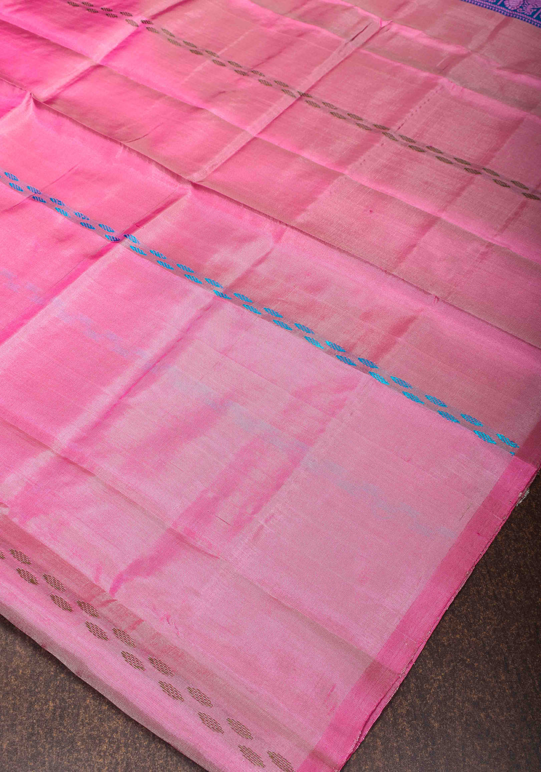 Vegan Silk Handloom Saree in Pink with Teal Contrast, No Blouse Piece