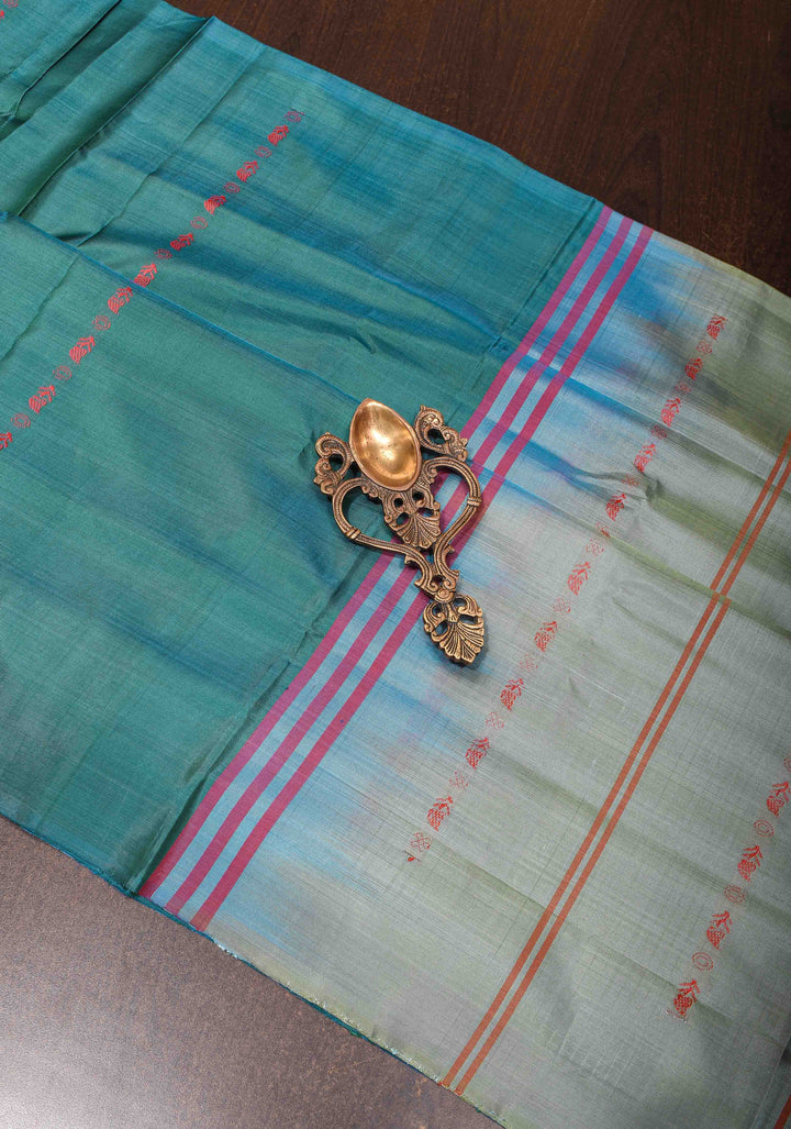 Vegan Silk Handloom Saree in Teal with Resham Stripes , No Blouse piece