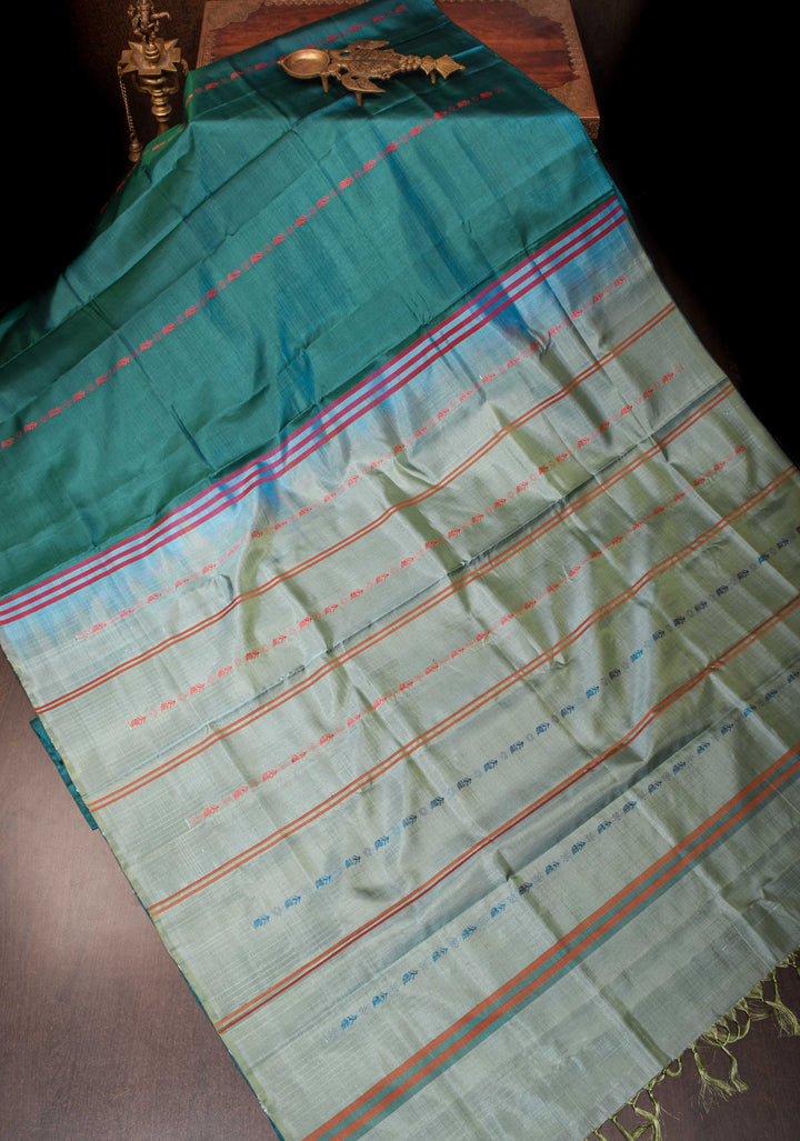 Vegan Silk Handloom Saree in Teal with Resham Stripes , No Blouse piece