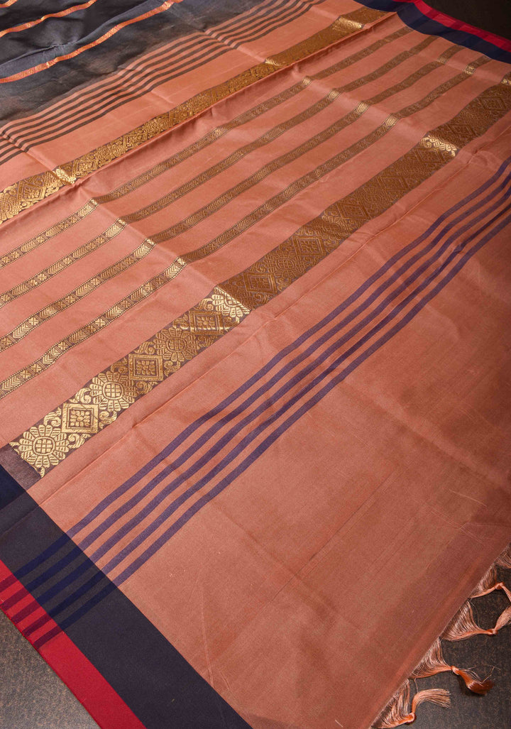 Vegan Silk Handloom Saree in Dark Grey with Contrast Pallu, No Blouse piece