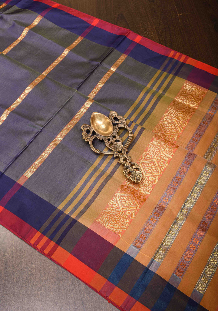 Vegan Silk Handloom Saree in Mid Grey with Resham Buttas and Contrast Pallu , No Blouse piece