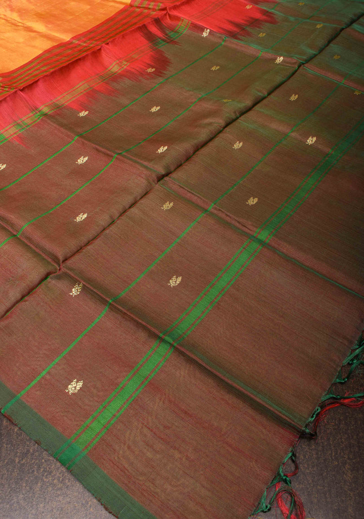 Vegan Silk Handloom Saree in Mustard Orange with Contrast Pallu, No Blouse Piece