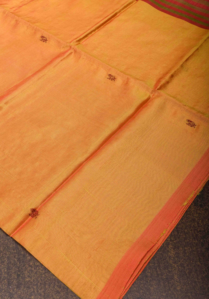Vegan Silk Handloom Saree in Mustard Orange with Contrast Pallu, No Blouse Piece