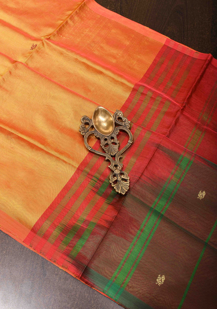 Vegan Silk Handloom Saree in Mustard Orange with Contrast Pallu, No Blouse Piece
