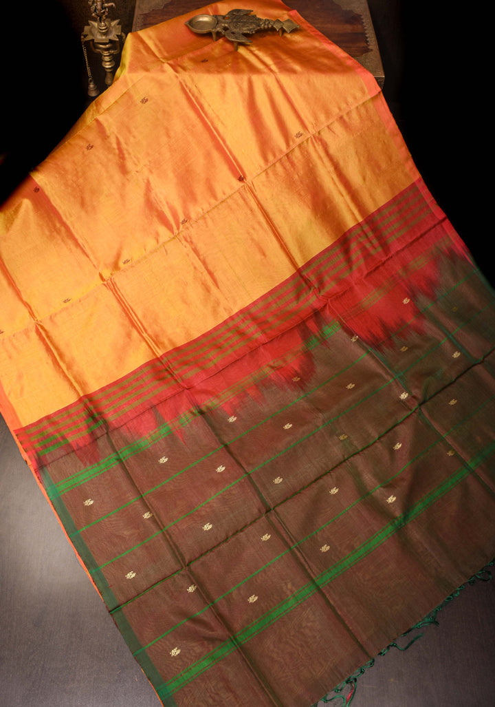 Vegan Silk Handloom Saree in Mustard Orange with Contrast Pallu, No Blouse Piece