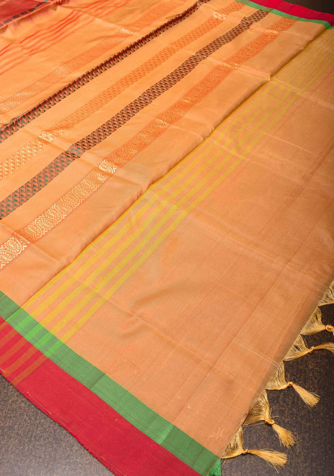 Vegan Silk Handloom Saree in Pale Orange with Resham Buttas and Contrast Pallu , No Blouse piece