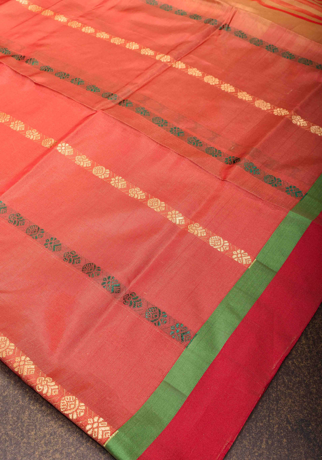 Vegan Silk Handloom Saree in Pale Orange with Resham Buttas and Contrast Pallu , No Blouse piece