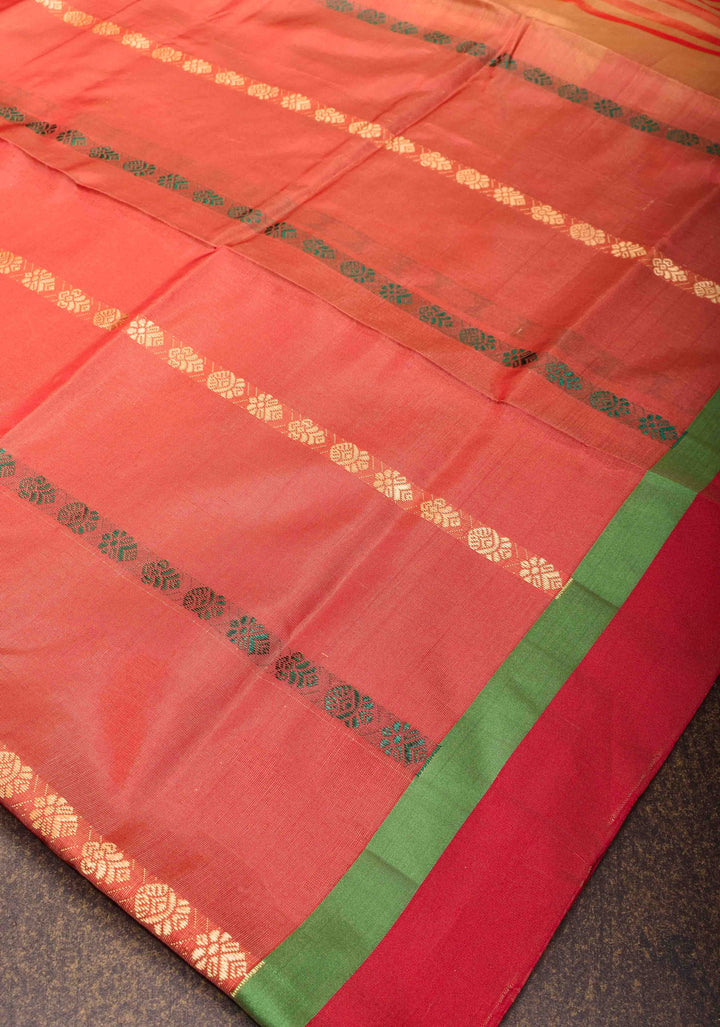 Vegan Silk Handloom Saree in Pale Orange with Resham Buttas and Contrast Pallu , No Blouse piece