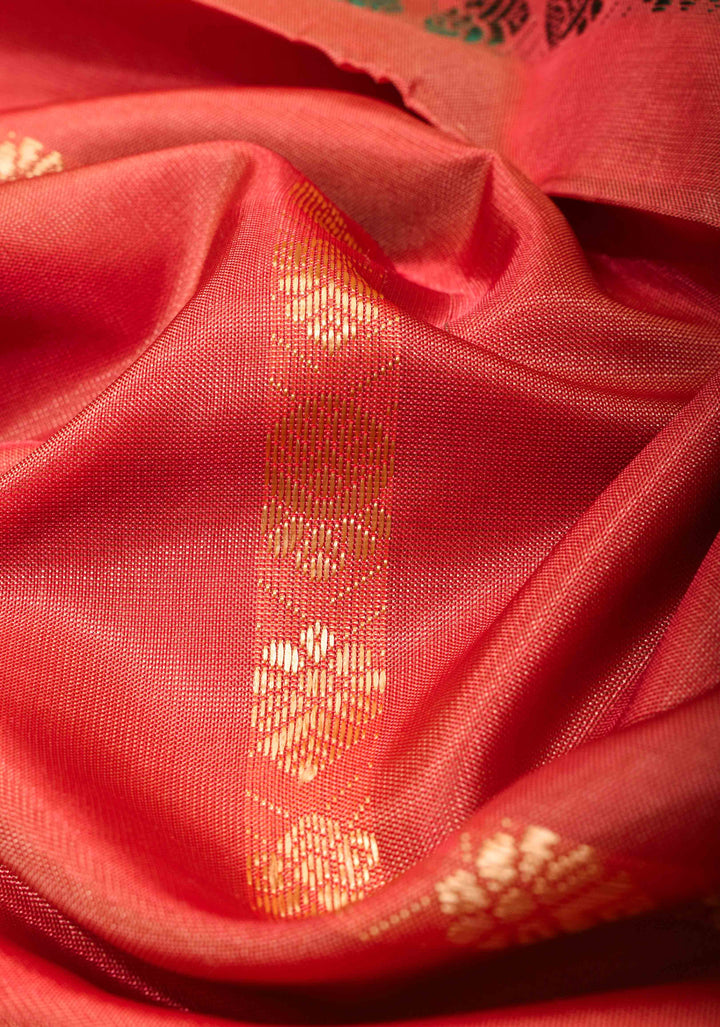 Vegan Silk Handloom Saree in Pale Orange with Resham Buttas and Contrast Pallu , No Blouse piece