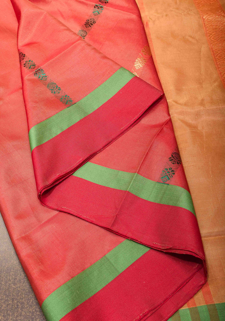 Vegan Silk Handloom Saree in Pale Orange with Resham Buttas and Contrast Pallu , No Blouse piece