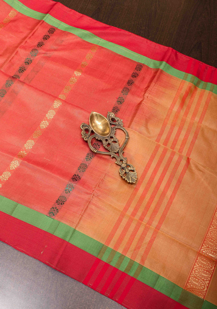 Vegan Silk Handloom Saree in Pale Orange with Resham Buttas and Contrast Pallu , No Blouse piece