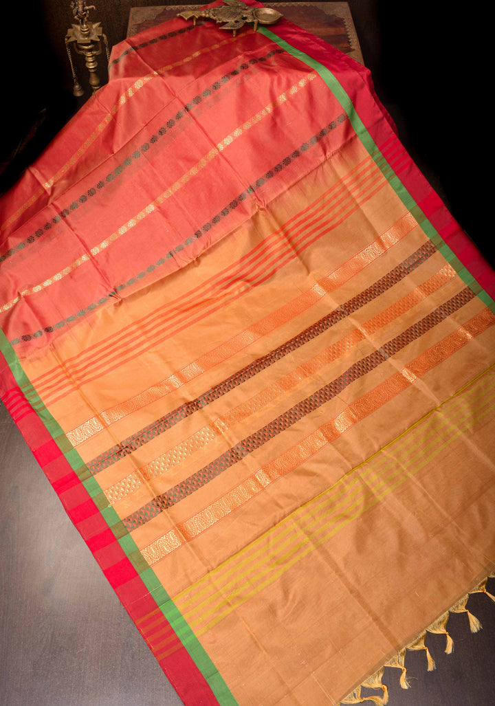 Vegan Silk Handloom Saree in Pale Orange with Resham Buttas and Contrast Pallu , No Blouse piece