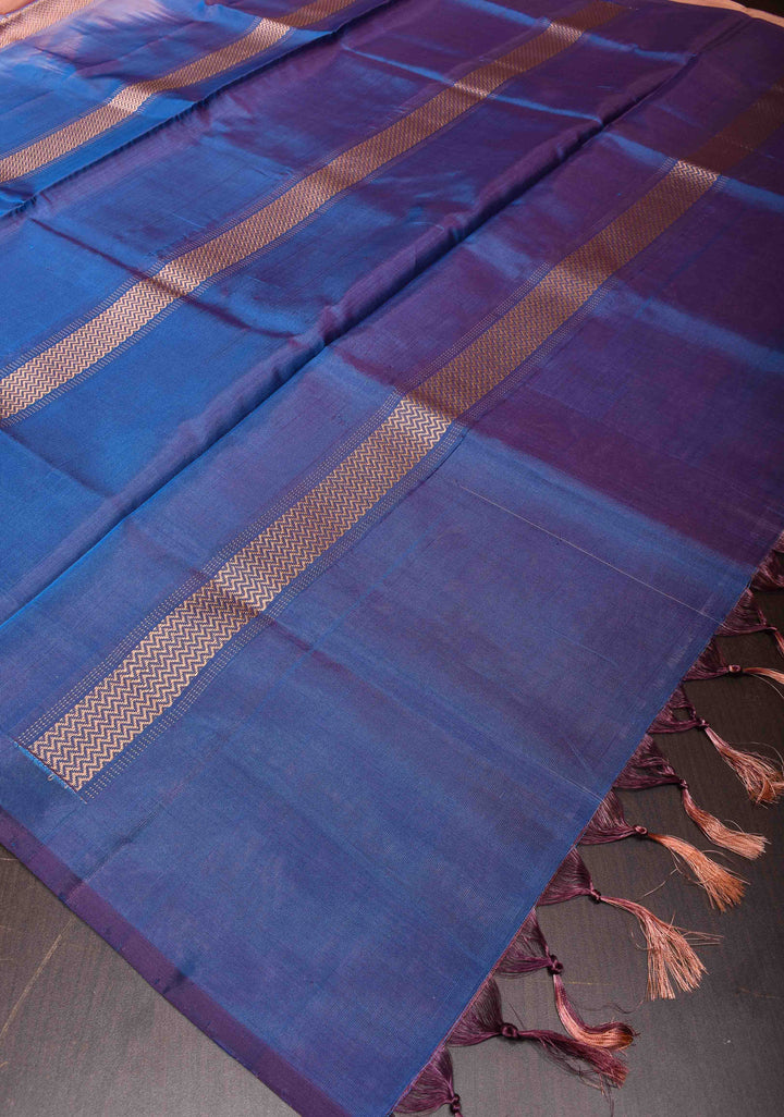 Vegan Silk Handloom Saree in Brownish Pink with Resham Stripes