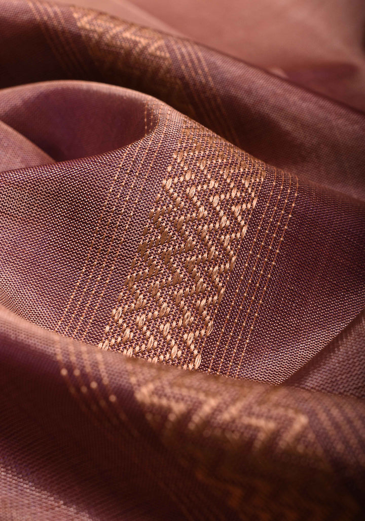 Vegan Silk Handloom Saree in Brownish Pink with Resham Stripes