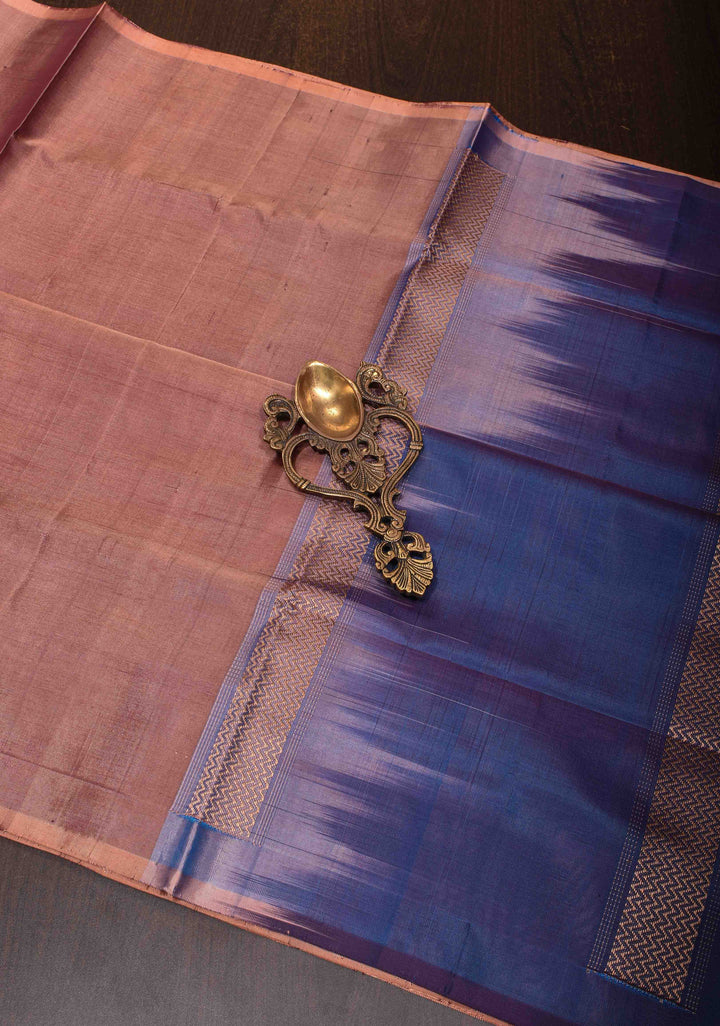 Vegan Silk Handloom Saree in Brownish Pink with Resham Stripes