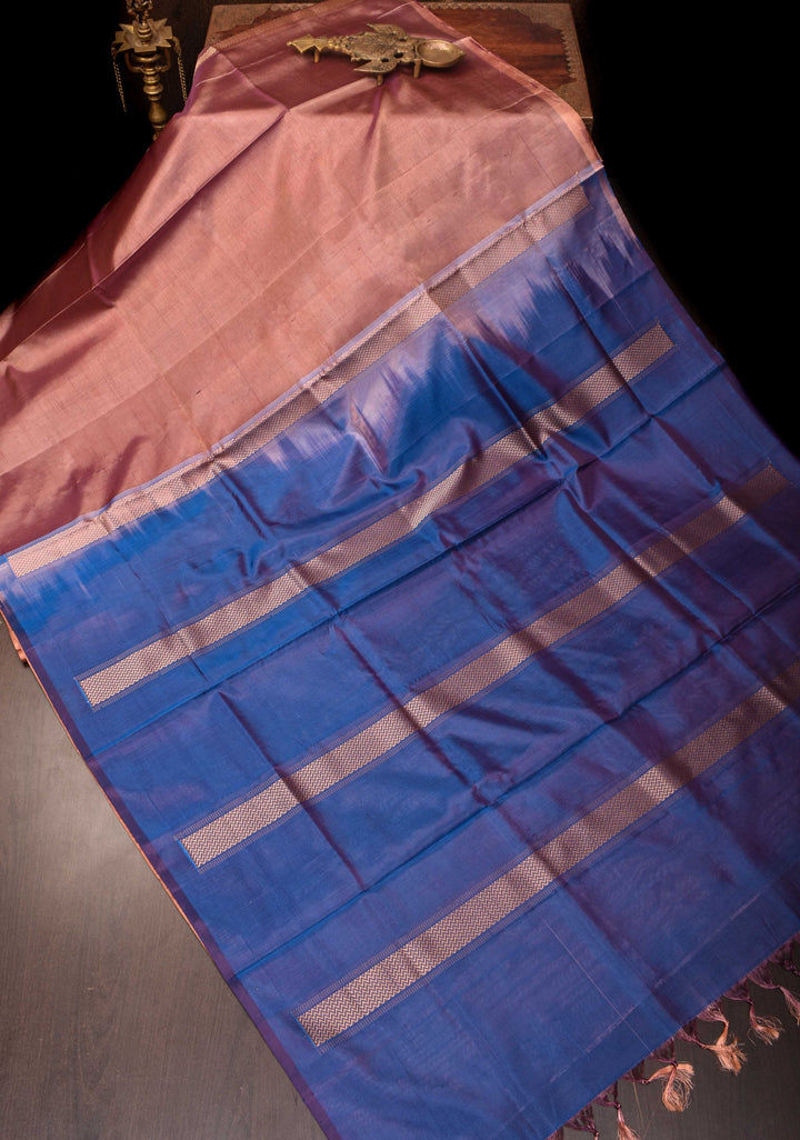 Vegan Silk Handloom Saree in Brownish Pink with Resham Stripes