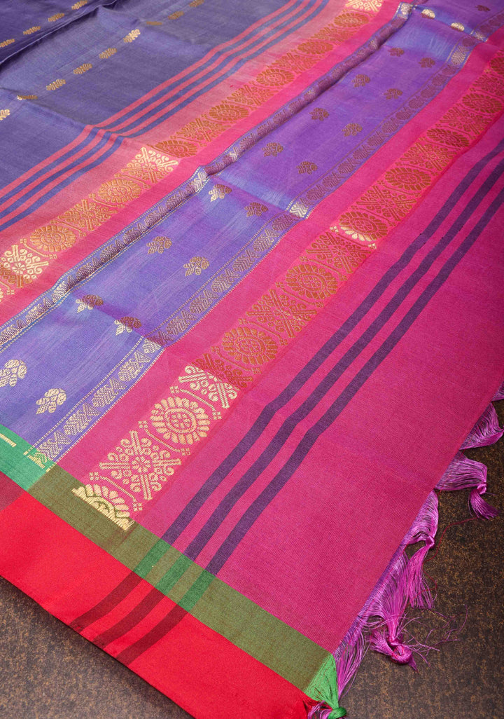 Vegan Silk Handloom Saree in Navy Blue with Resham Buttas, No Blouse piece