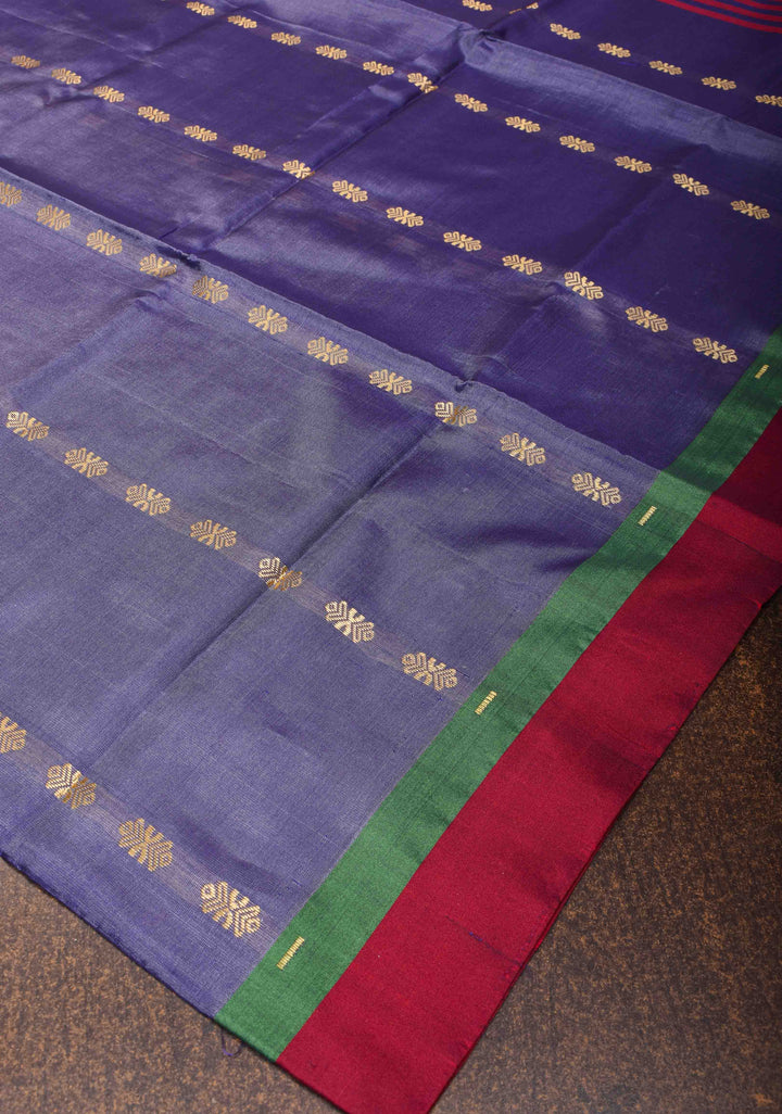 Vegan Silk Handloom Saree in Navy Blue with Resham Buttas, No Blouse piece