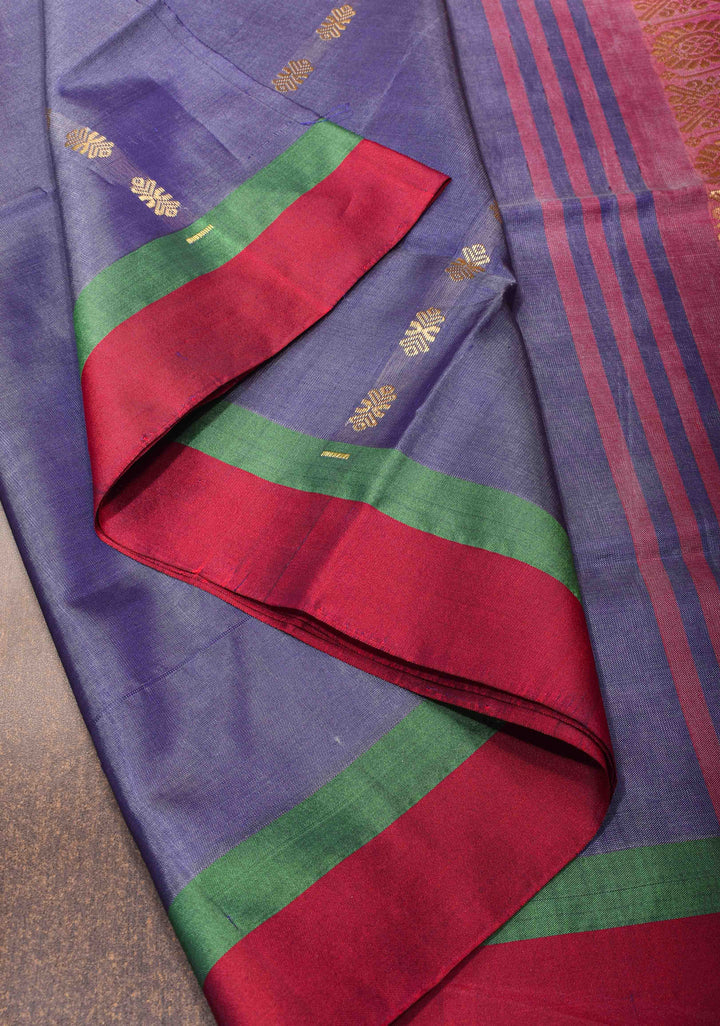 Vegan Silk Handloom Saree in Navy Blue with Resham Buttas, No Blouse piece