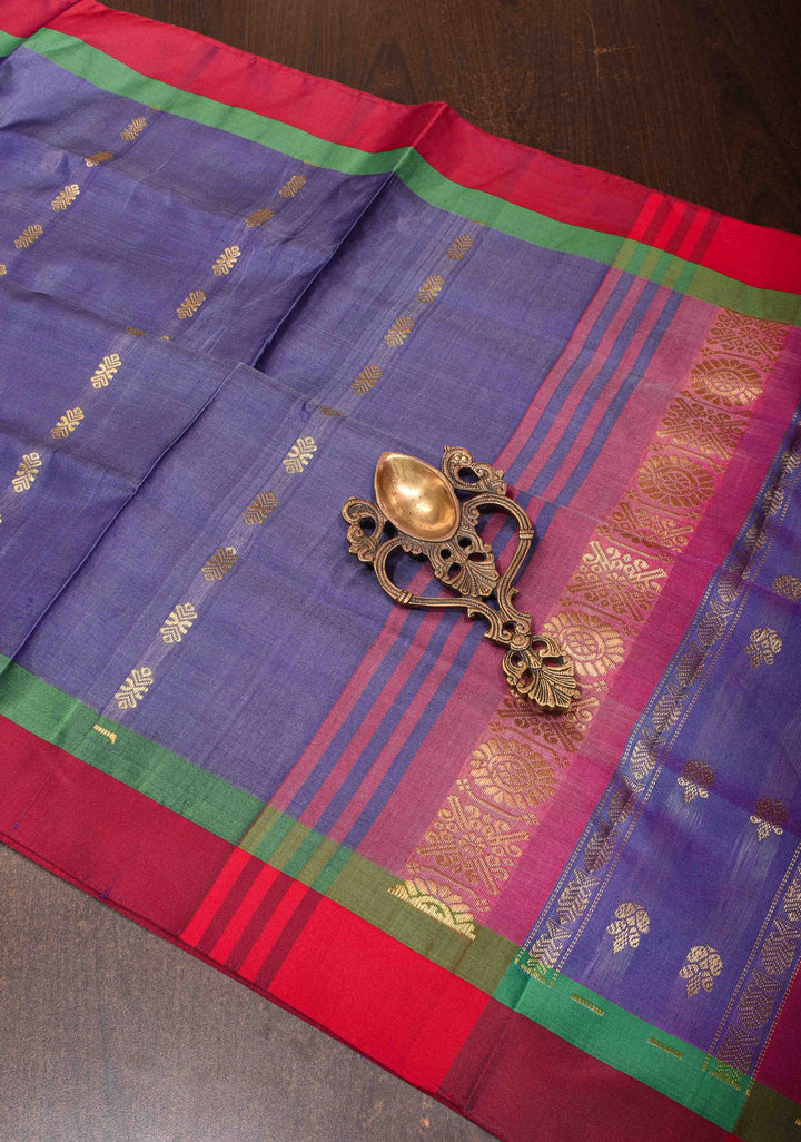 Vegan Silk Handloom Saree in Navy Blue with Resham Buttas, No Blouse piece