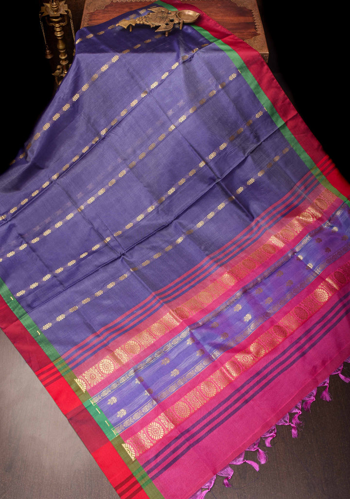 Vegan Silk Handloom Saree in Navy Blue with Resham Buttas, No Blouse piece