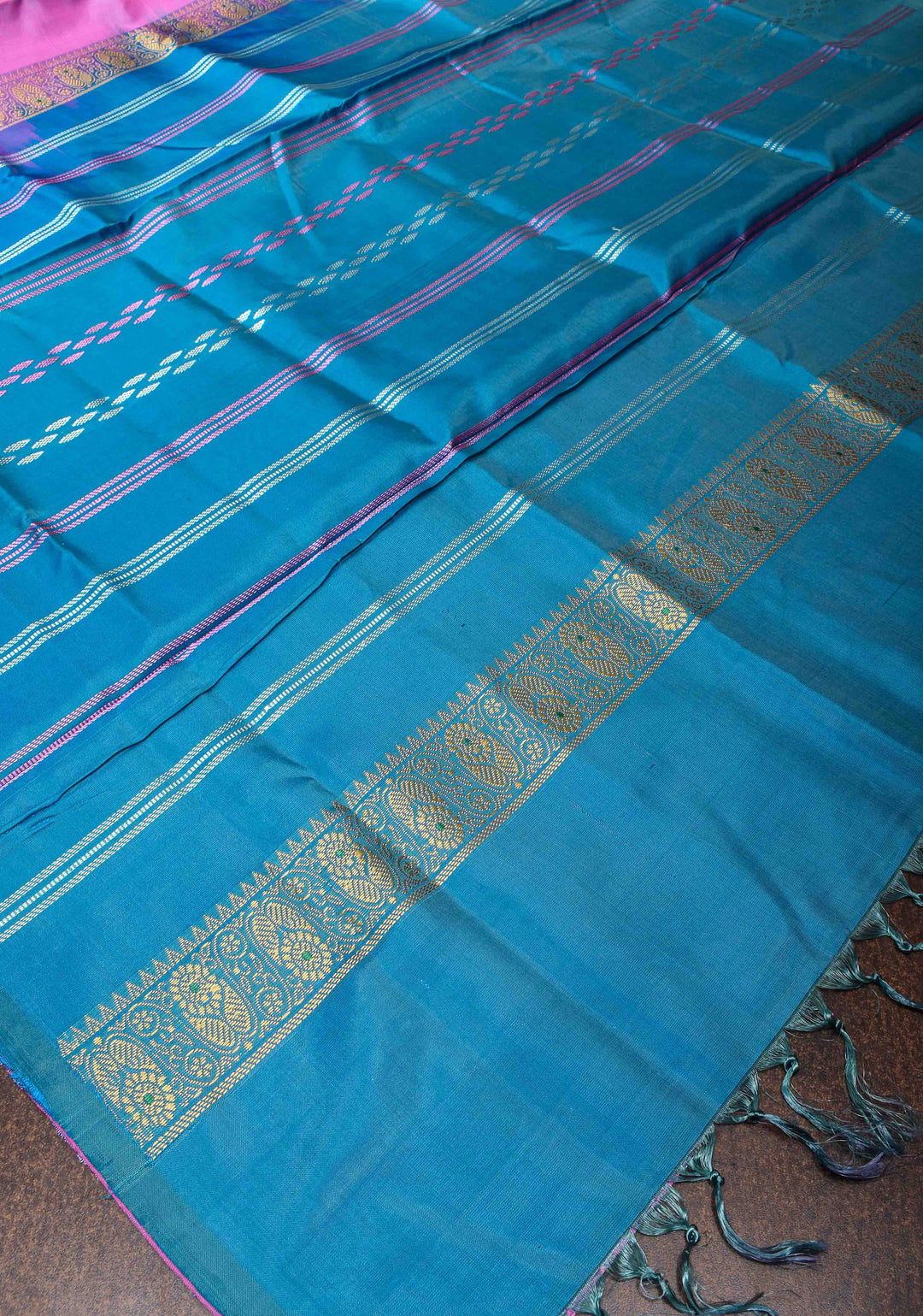 Vegan Silk Handloom Saree in pink with Resham Stripes, No Blouse piece