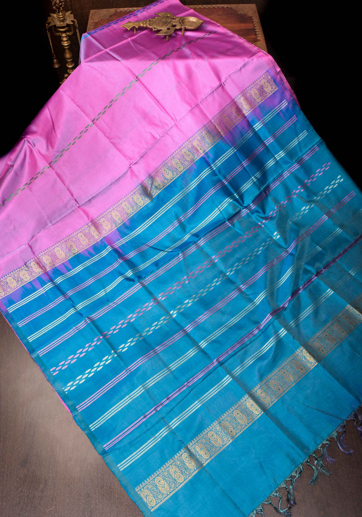 Vegan Silk Handloom Saree in pink with Resham Stripes, No Blouse piece