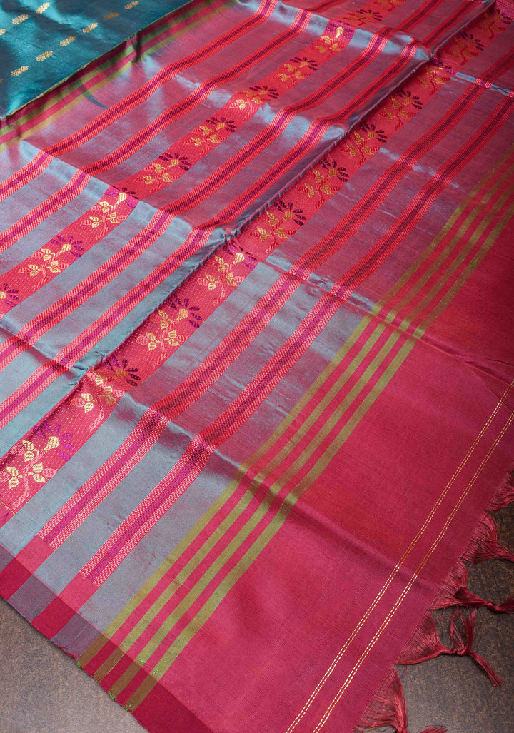 Vegan Silk Handloom Saree in Bluish Cyan with Resham Buttas and Contrast Pallu , No Blouse piece
